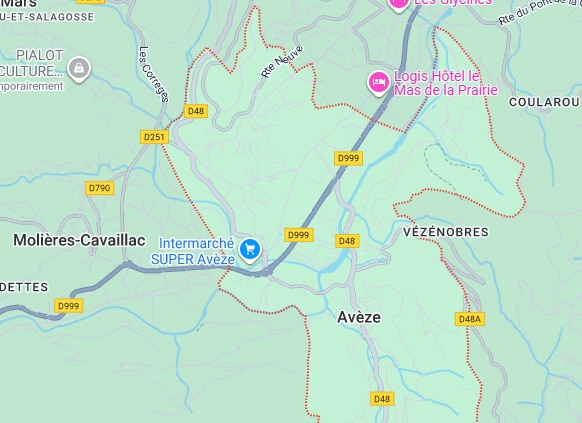 Carte routière de Molières-Cavaillac, Avèze, Vézénobres, Mars. Routes D999, D48, Intermarché SUPER Avèze, Logis Hôtel.