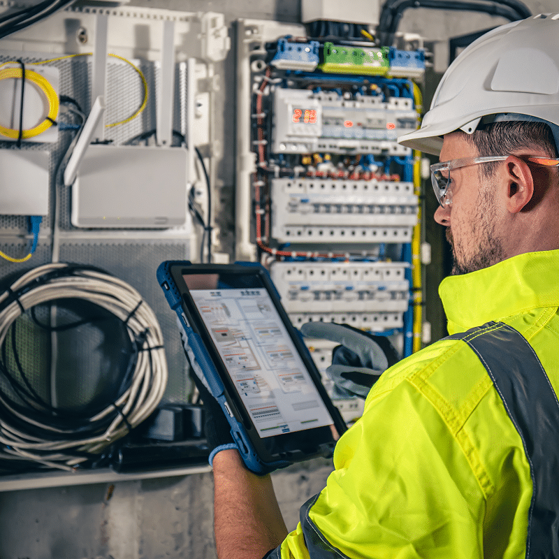 Technicien avec casque et gilet fluo analysant des schémas sur tablette devant un tableau électrique et des équipements réseau.