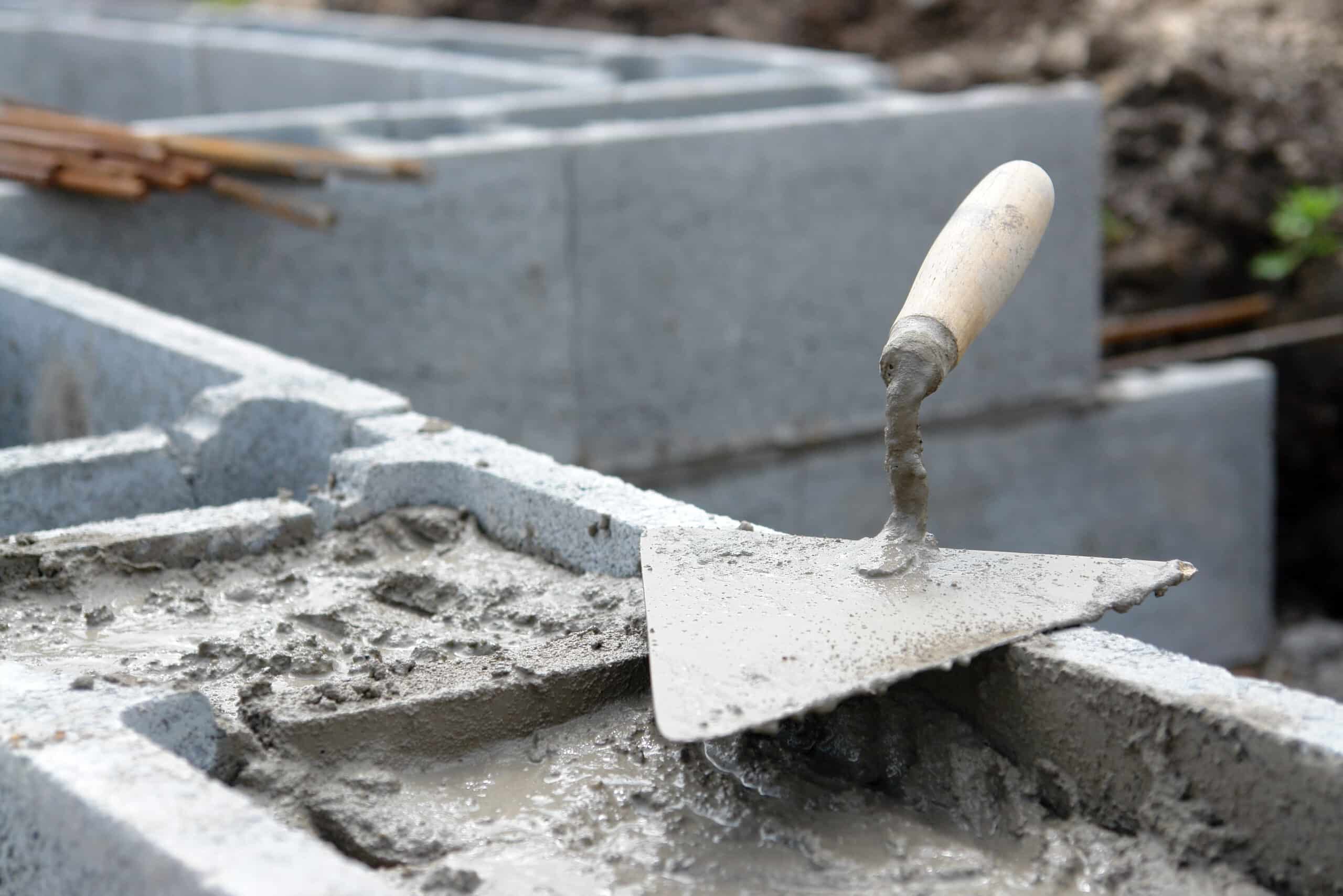 Truelle de maçon couverte de béton frais sur des parpaings creux en construction. Chantier de fondation.